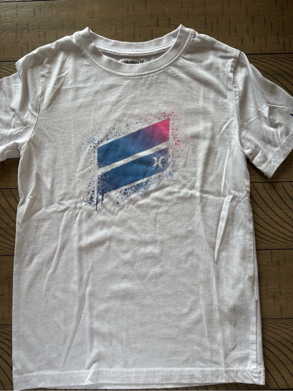 Hurley White Tee with Blue and Pink Gradient Logo